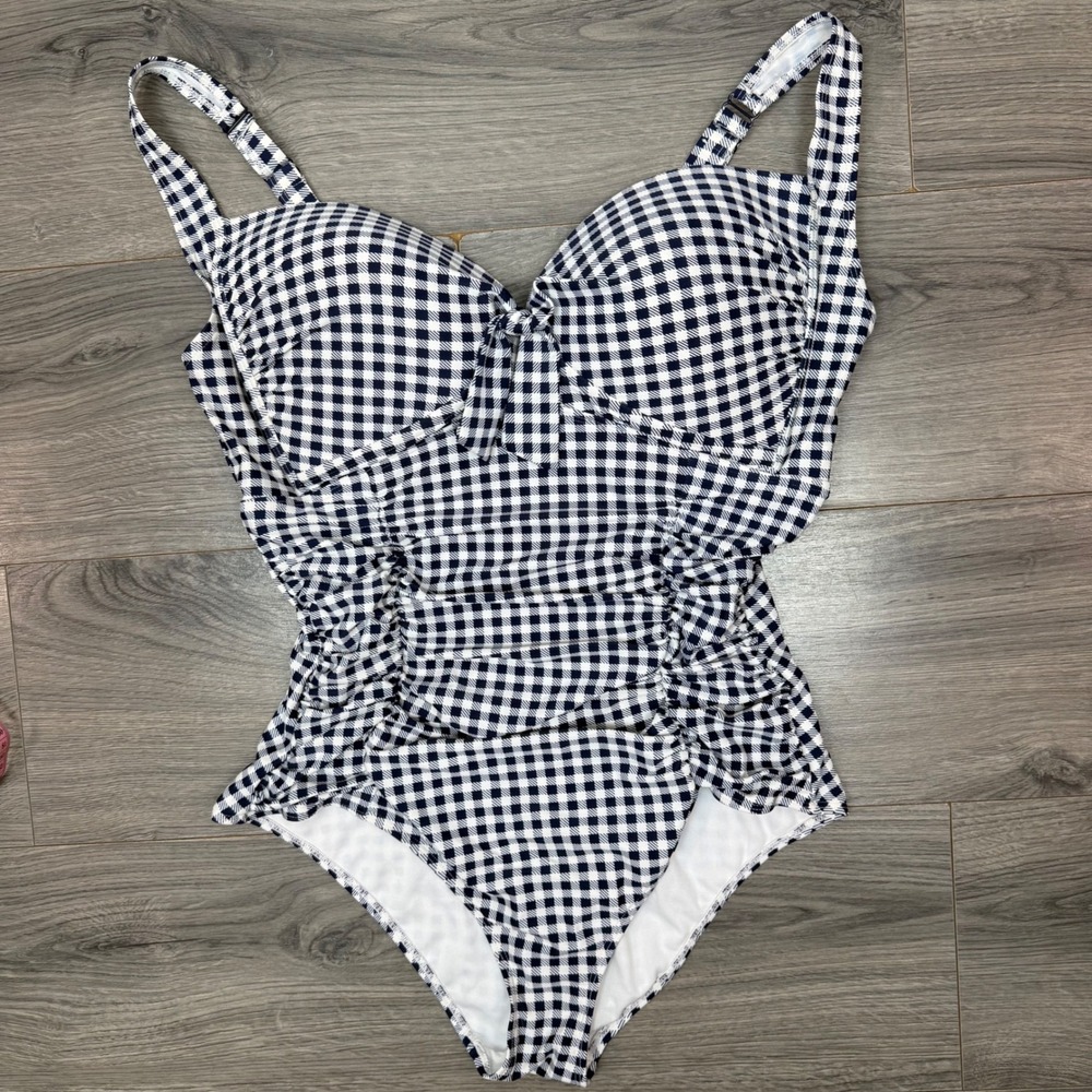 Torrid Womens Gingham One Piece Swimsuit Navy White Ruched Underwire 2F Busty